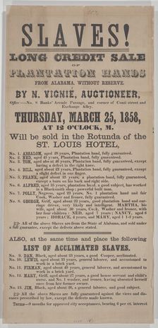 Broadside for a New Orleans auction of 18 enslaved persons from Alabama, 1858. Creator: Unknown