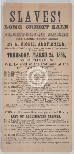 Broadside for a New Orleans auction of 18 enslaved persons from Alabama, 1858. Creator: Unknown.