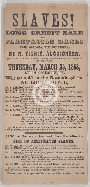 Broadside for a New Orleans auction of 18 enslaved persons from Alabama, 1858. Creator: Unknown.
