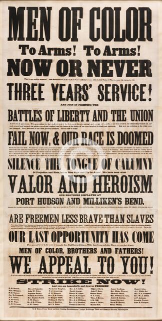 Broadside for "Men of Color" Recruitment, 1863. Creator: Unknown.