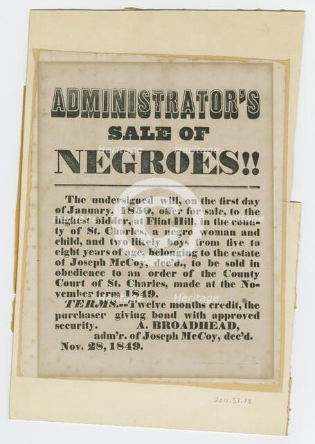 Broadside for sale of enslaved woman and children from estate of Joseph McCoy, November 28, 1849. Creator: Unknown.