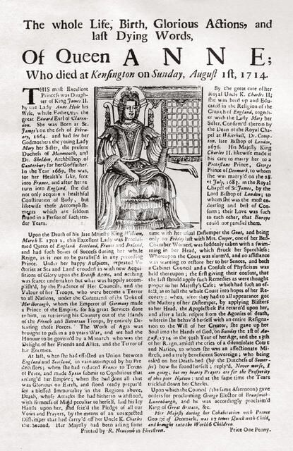 Broadside published on the death of Queen Anne, 1714 (1906). Artist: Unknown