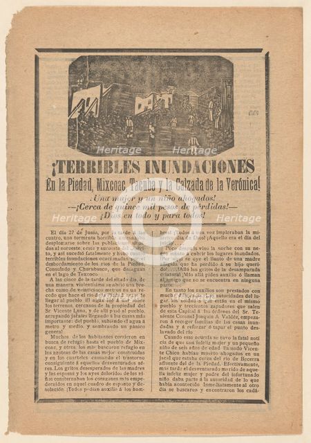 Broadside relating to a news story about floods in multiple cities, villagers wad..., ca. 1900-1913. Creator: José Guadalupe Posada.