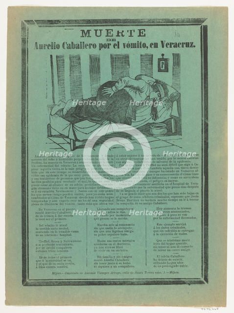 Broadside relating to Aurelio Cabellero who died from vomiting, ca. 1890-1900., ca. 1890-1900. Creator: José Guadalupe Posada.