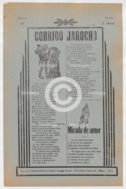 Broadside with two love ballads (corridos), figures dancing upper left and..., ca. 1918 (published). Creator: José Guadalupe Posada.