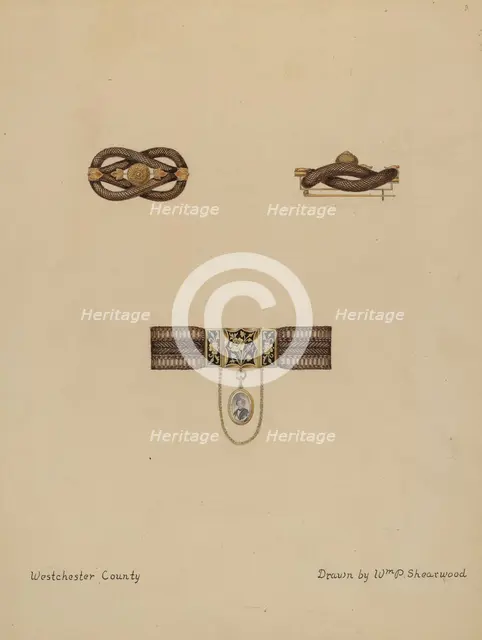 Brooch and Bracelet with Portrait, c. 1936. Creator: William P. Shearwood.