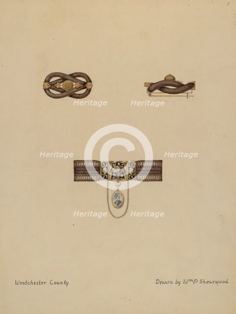 Brooch and Bracelet with Portrait, c. 1936. Creator: William P. Shearwood.