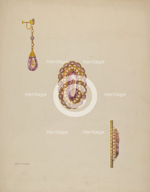 Brooch and Earrings, c. 1936. Creator: John Thorsen.