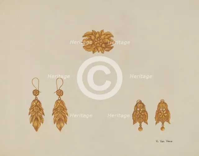Brooch and Earrings, c. 1937. Creator: Vera Van Voris.