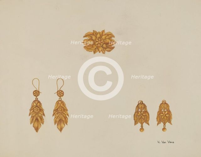 Brooch and Earrings, c. 1937. Creator: Vera Van Voris.