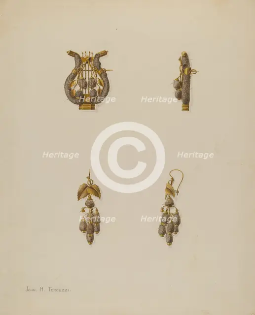 Brooch and Earrings, c. 1938. Creator: John H. Tercuzzi.