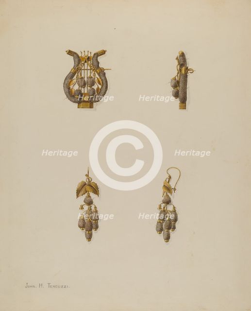 Brooch and Earrings, c. 1938. Creator: John H. Tercuzzi.