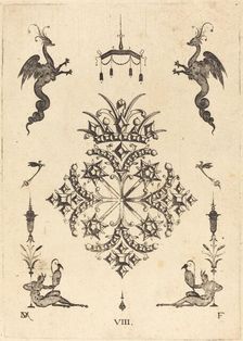 Brooch with Fantasy Animals at Top and Fauns with Vases at Bottom, 1596. Creator: Daniel Mignot