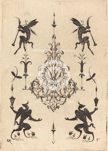 Brooch with Fantasy Creatures Blowing Horns at Top and Winged Griffins at Bottom, 1596. Creator: Daniel Mignot.