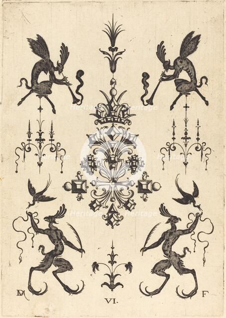 Brooch with Winged Fauns Blowing Trumpets at Top and Fantasy Creatures with Birds..., 1596. Creator: Daniel Mignot.