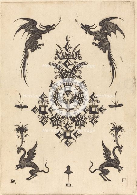 Brooch with Table-Stones, Winged Dragons at Top, and Griffins at Bottom, 1596. Creator: Daniel Mignot.