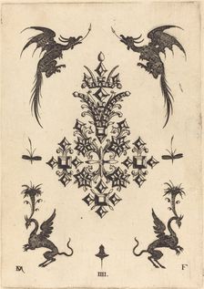 Brooch with Table-Stones, Winged Dragons at Top, and Griffins at Bottom, 1596. Creator: Daniel Mignot