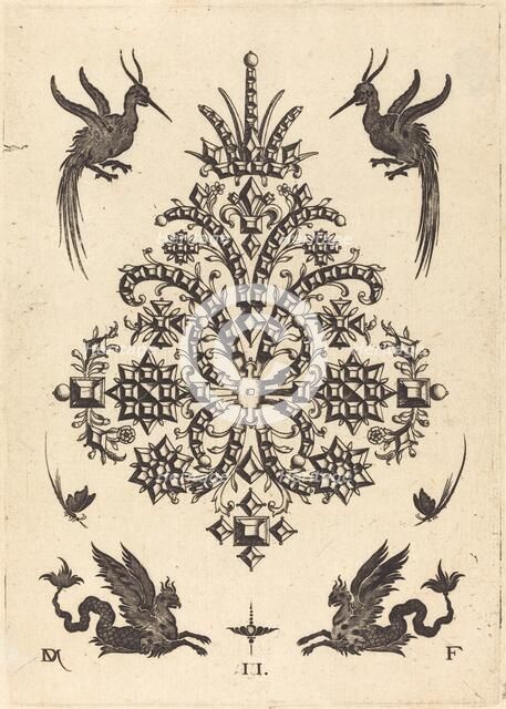 Brooch with Tablestones and Winged Griffins Above and at Bottom, 1596. Creator: Daniel Mignot.