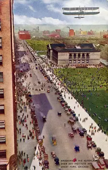 Brookins in His Aeroplane over Art Institute and Grant Park, Chicago postcard, 1910