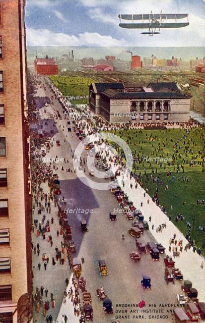 'Brookins in His Aeroplane over Art Institute and Grant Park, Chicago', postcard, 1910. Artist: Unknown