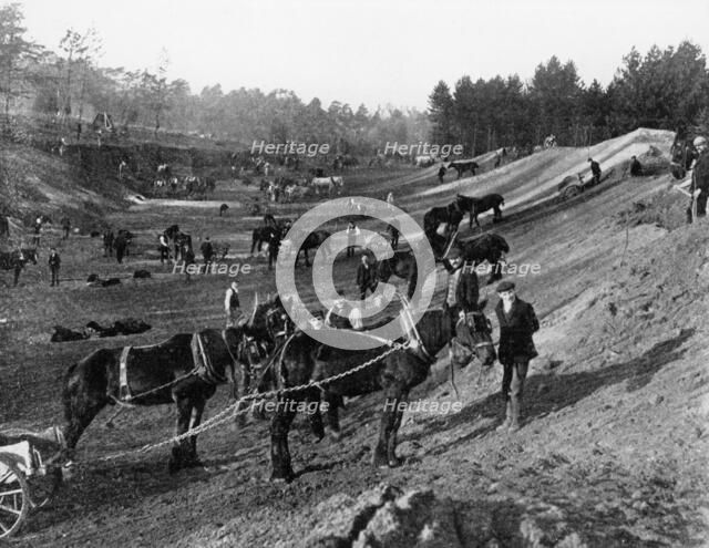 Brooklands motor racing circuit under construction, Surrey, c1906-c1907. Artist: Unknown