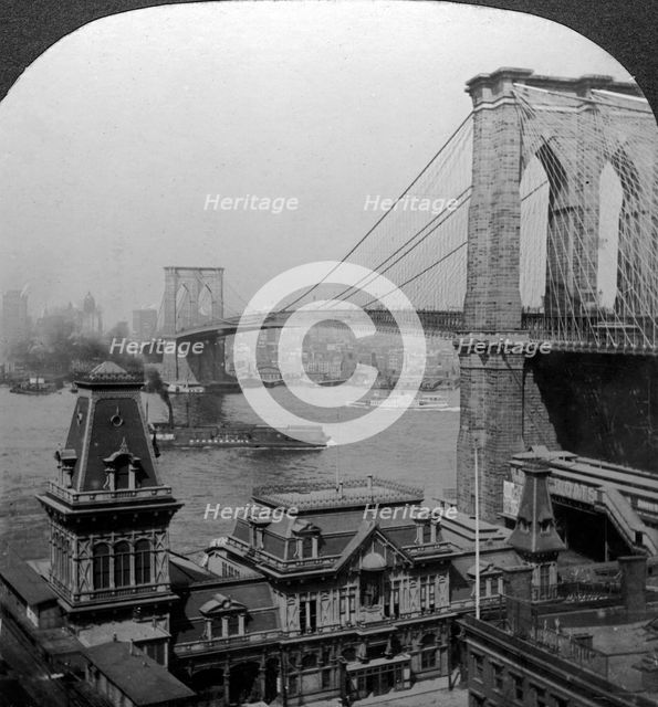 Brooklyn Bridge, New York, USA.Artist: Excelsior Stereoscopic Tours