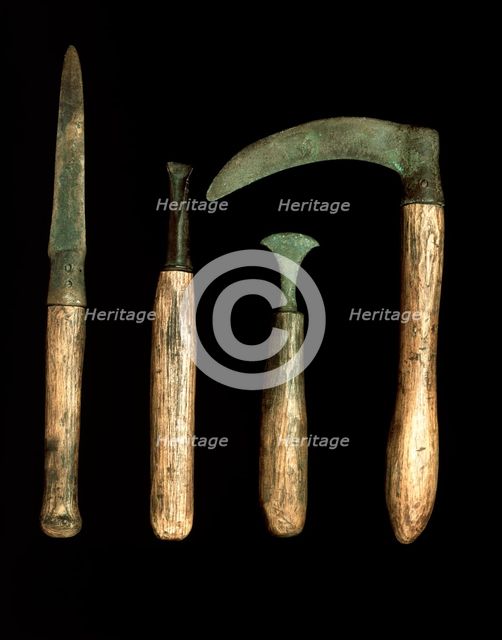 Bronze Age tools, with modern handles. Creator: Unknown.