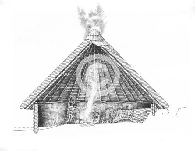 Bronze Age round house. Artist: Peter Dunn.