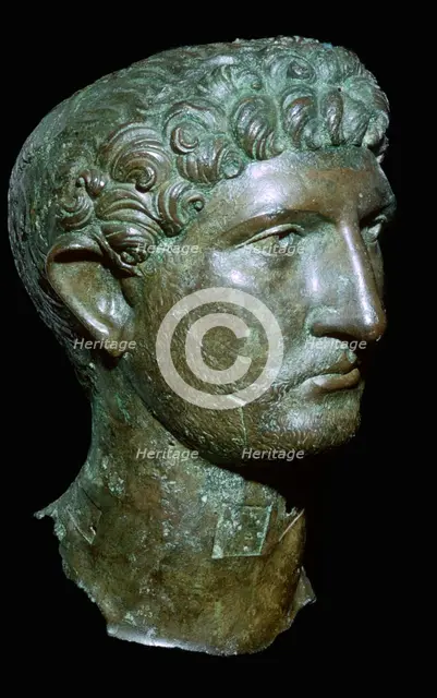 Bronze head from a statue of the Roman Emperor Hadrian, Roman Britain, 2nd century. Artist: Unknown