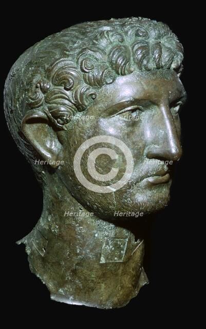Bronze head from a statue of the Roman Emperor Hadrian, Roman Britain, 2nd century. Artist: Unknown