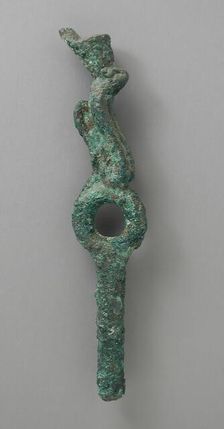 Bronze Ringed Element with Crowned Uraeus Figure, Late Period-Ptolemaic Period (711-30 BCE). Creator: Unknown