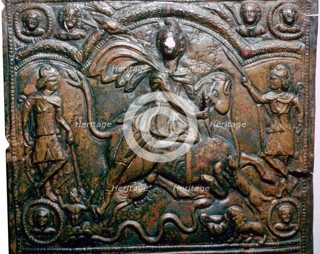 Bronze Roman relief of Mithras killing a bull. Artist: Unknown