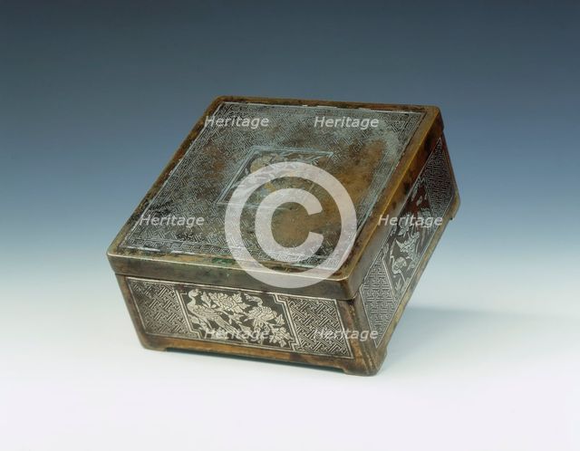 Bronze seal paste box with silver inlays, Ming dynasty, China, 16th century. Creator: Unknown.