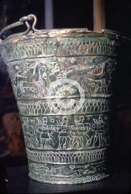 Bronze Situla with incised decoration showing warriors, Etruscan, Bologna, c6th century BC. Artist: Unknown.