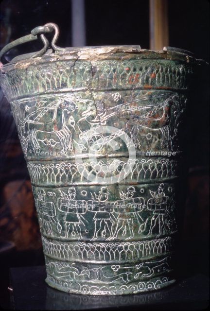 Bronze Situla with incised decoration showing warriors, Etruscan, Bologna, c6th century BC. Artist: Unknown.