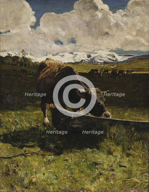 Brown cow at the Watering Place, 1887. Creator: Segantini, Giovanni (1858-1899).