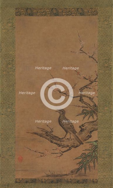 Brown-Eared Bulbul (Hiyodori) on a Branch of Plum, mid- to late 16th century. Creator: Kano Shoei.