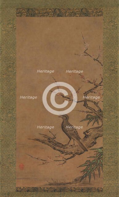 Brown-Eared Bulbul (Hiyodori) on a Branch of Plum, mid- to late 16th century. Creator: Kano Shoei.