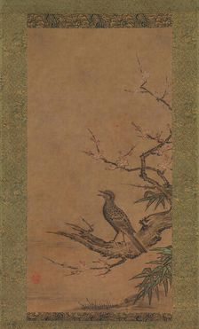 Brown-Eared Bulbul (Hiyodori) on a Branch of Plum, mid- to late 16th century. Creator: Kano Shoei