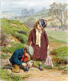 Brother Tying his Sister's Shoe, pub. 1854. Creator: Robert Barnes (1840 - 1895)