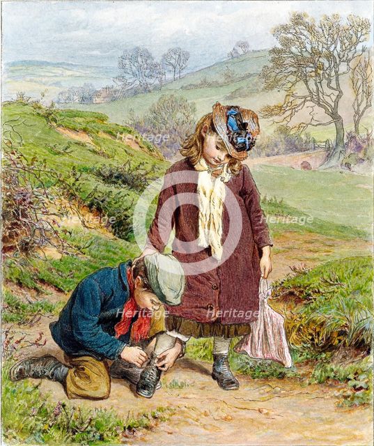 Brother Tying his Sister's Shoe, pub. 1854. Creator: Robert Barnes (1840 - 1895).