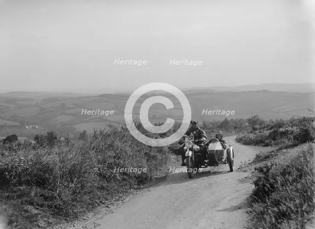 Brough Superior and sidecar of FW Stevenson competing in the MCC Torquay Rally, 1938. Artist: Bill Brunell.