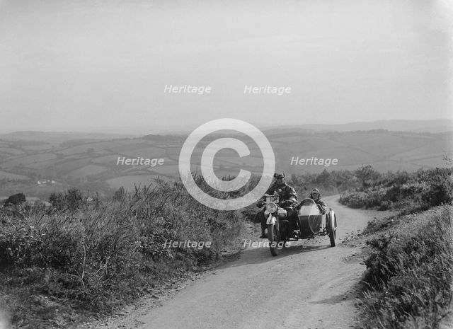 Brough Superior and sidecar of FW Stevenson competing in the MCC Torquay Rally, 1938. Artist: Bill Brunell.