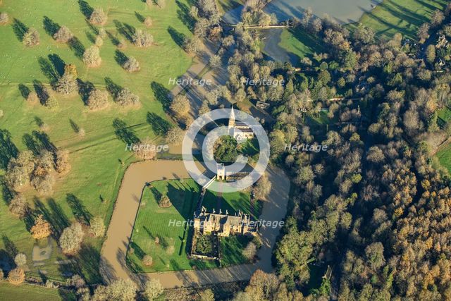 Broughton Castle fortified house, gatehouse and moat, Oxfordshire, 2024. Creator: Damian Grady.