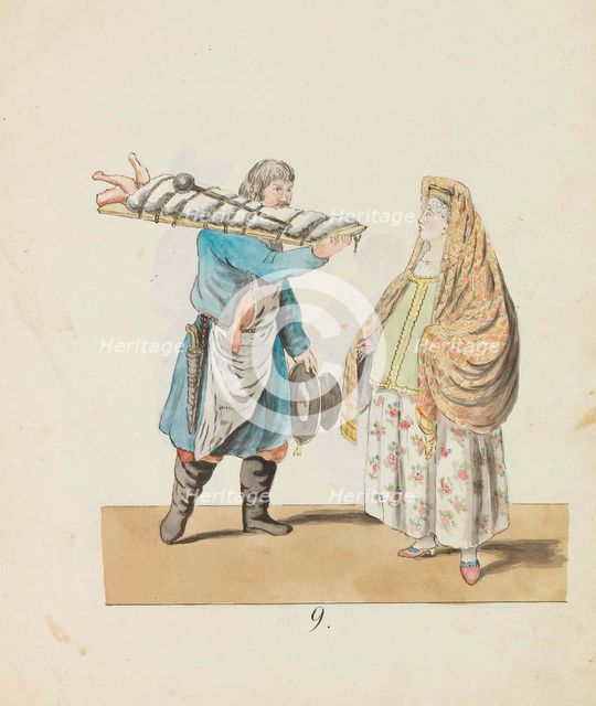 Butcher with pig on the board and merchant woman (From the series The St. Petersburg...), 1799. Creator: Geissler, Christian Gottfried Heinrich (1770-1844).