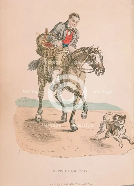 Butcher's boy riding a horse accompanied by a dog running ahead, carrying a basket of meat, c1830. Artist: Anon