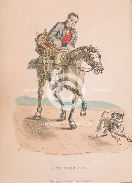 Butcher's boy riding a horse accompanied by a dog running ahead, carrying a basket of meat, c1830. Artist: Anon