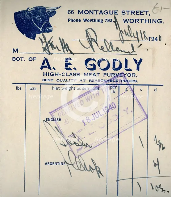 Butcher's receipt, 1940. Creator: Unknown.