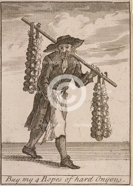 'Buy my 4 Ropes of hard Onyons', Cries of London, (c1688?). Artist: Anon