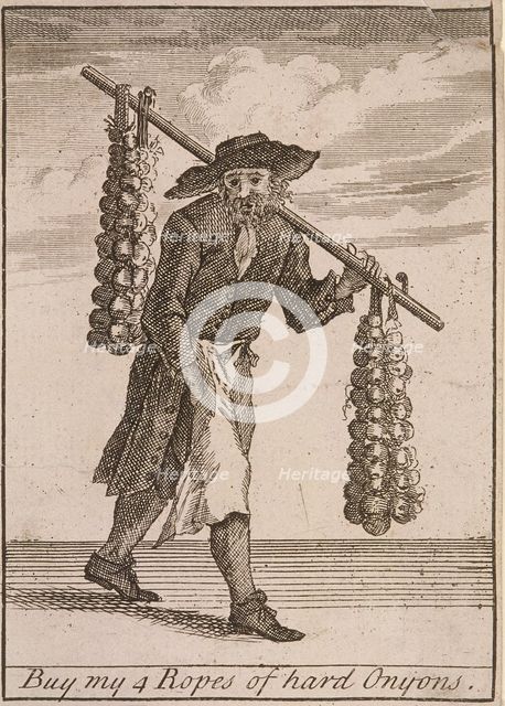 'Buy my 4 Ropes of hard Onyons', Cries of London, (c1688?). Artist: Anon